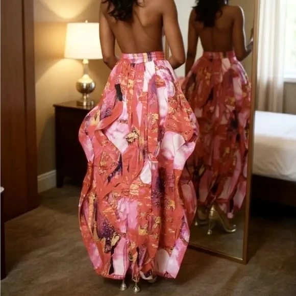 Ruffle Wavy RED ABSTRACT print Women's Pants - Picture 4 of 13